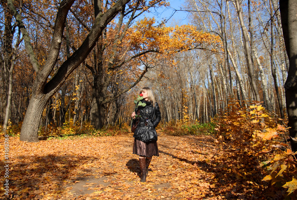 girl walking in autumn park alley girl walking in autumn park alley