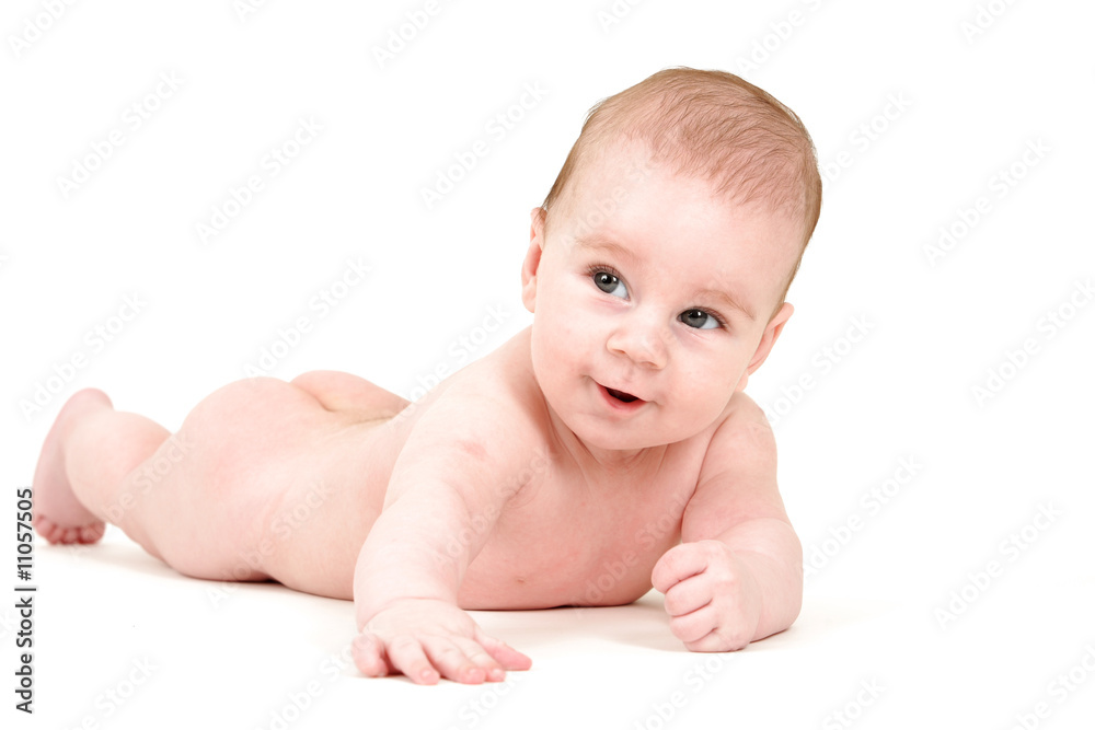 Small kid lying on white background Small kid lying on white background