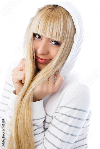 beautiful girl wearing a jacket with a hood