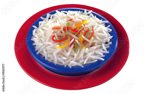 Red on Blue Dish of Long Grain Rice photo