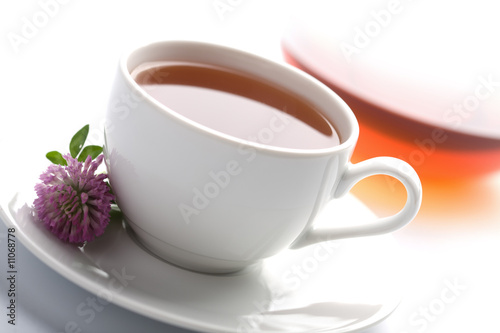 white cup of herbal tea, teapot and clover flowers isolated