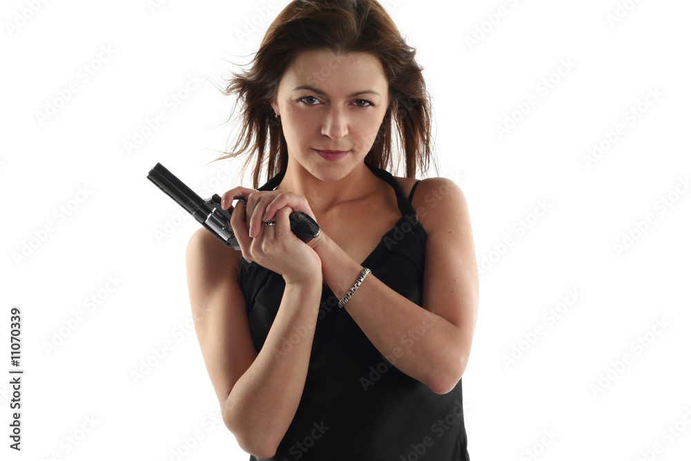 young woman with revolver isolated on white background young woman with revolver isolated on white background