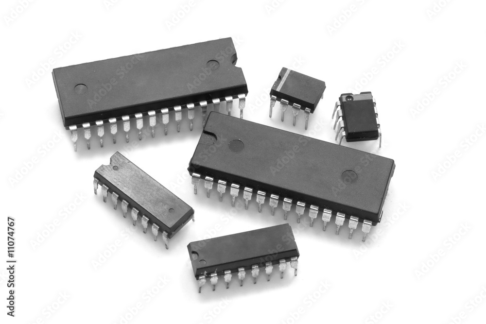 Integrated circuit chip against white background Integrated circuit chip against white background
