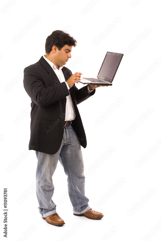 Businessman with laptop on white background .