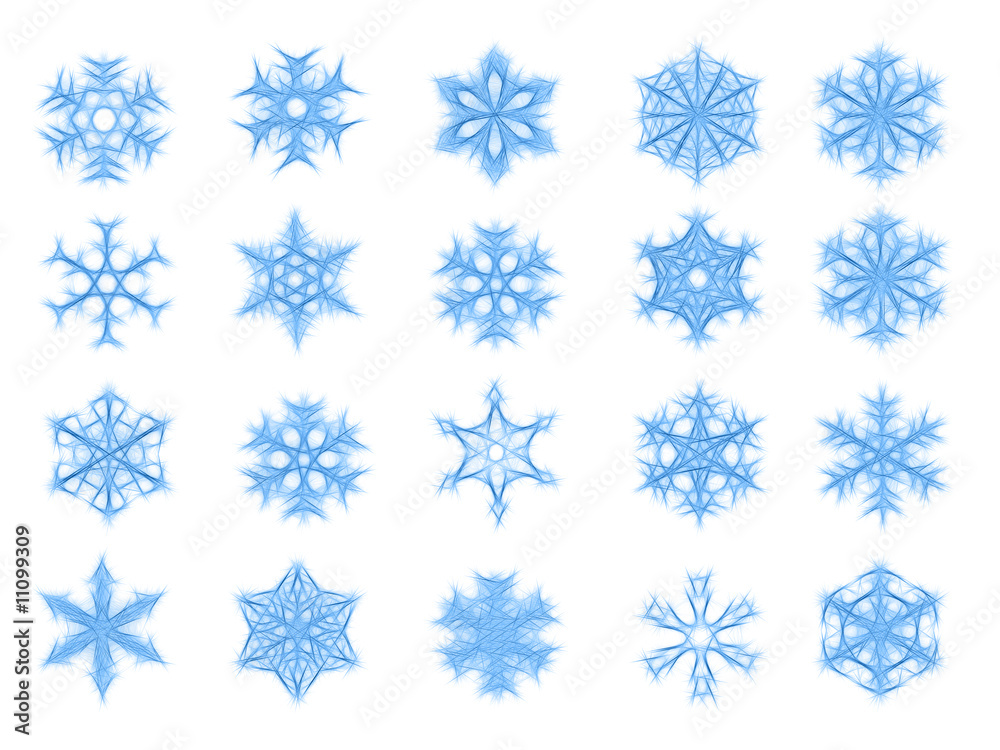 Set of 20 blue snowflakes in sketch style Set of 20 blue snowflakes in sketch style