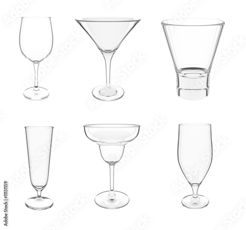 Six types of different cocktail empty glasses