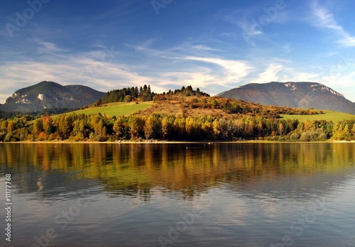 Reflection of mountains in deep lake
