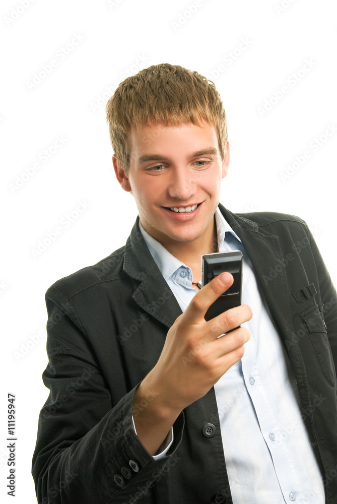 Young happy man holding mobile phone Young happy man holding mobile phone