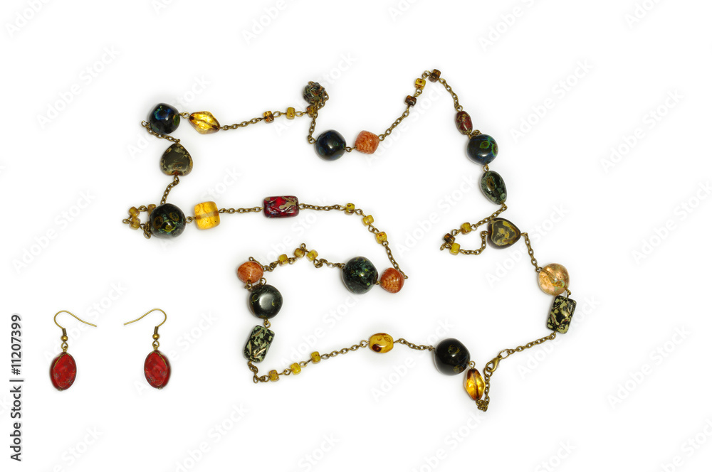 A necklace and earrings of glass beads, industrial arts A necklace and earrings of glass beads, industrial arts
