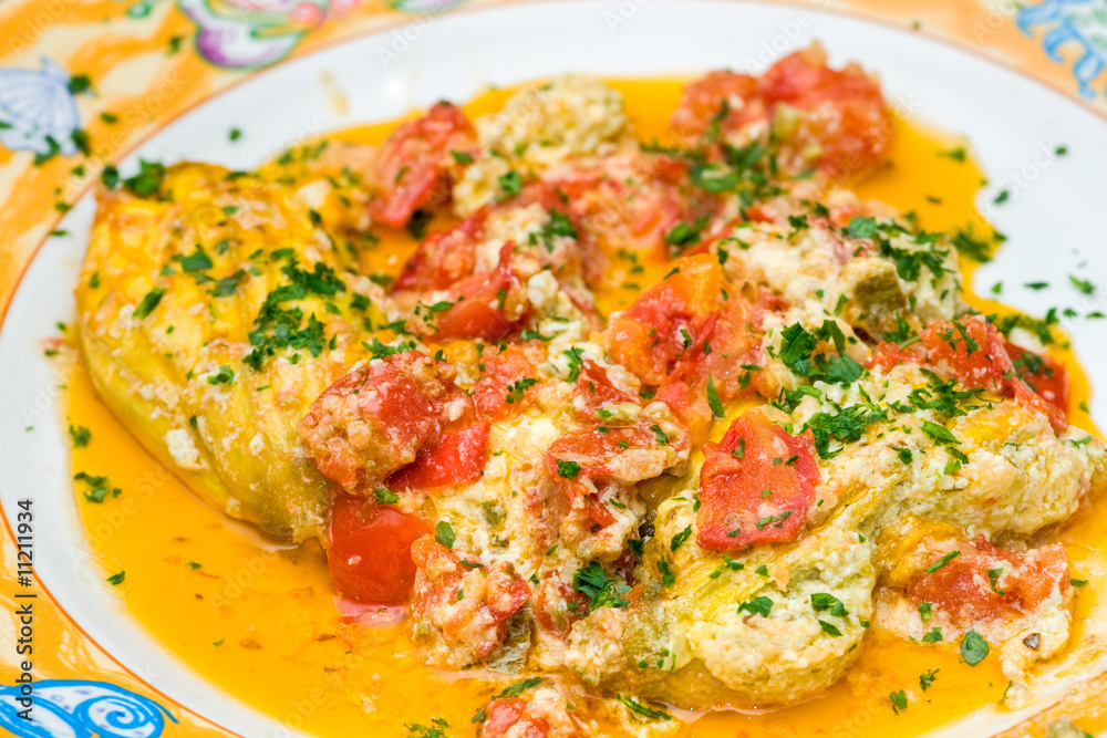 Yellow Flowers of zucchini with ricotta, tofu and vegetables.