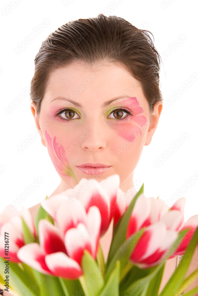 Woman head and tulips