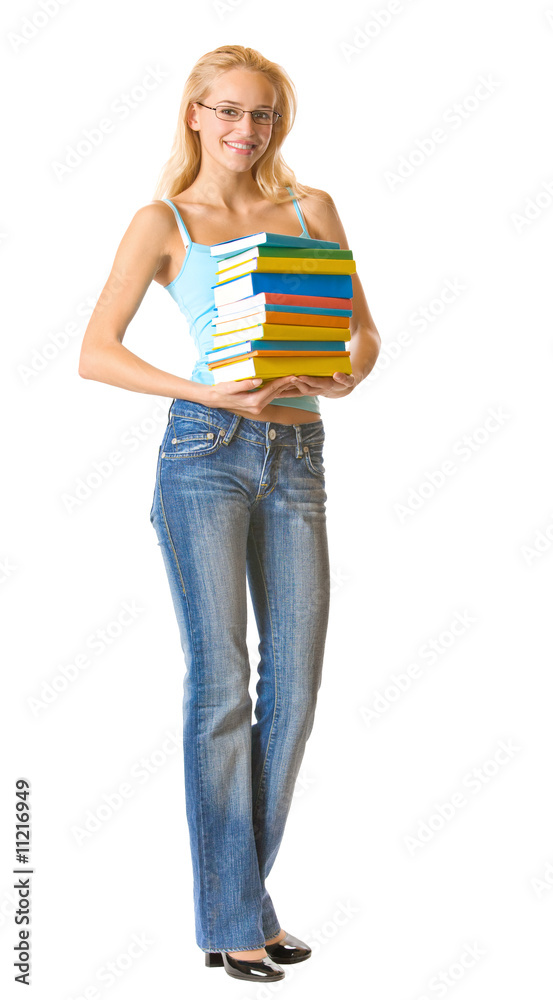 Isolated young happy beautiful woman with books Isolated young happy beautiful woman with books