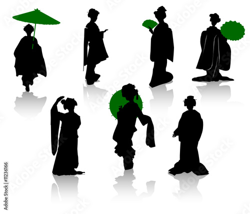 Silhouettes of dancers of Japanese theatre and geishas