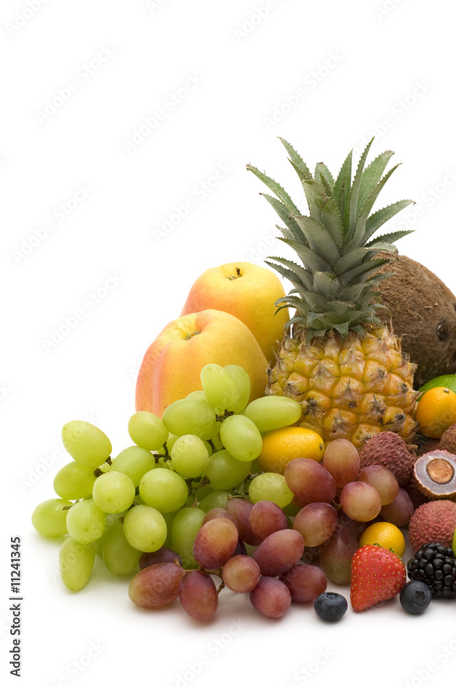 exotic fruits and berries on white background. exotic fruits and berries on white background.