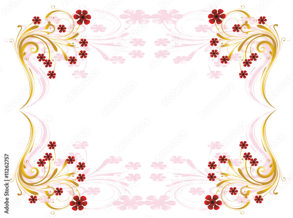 cadre floral or et rouge fond rose