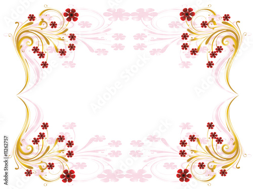 cadre floral or et rouge fond rose