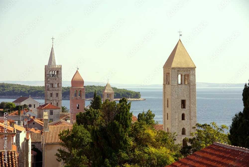 Rab town with the four bell towers in Croatia