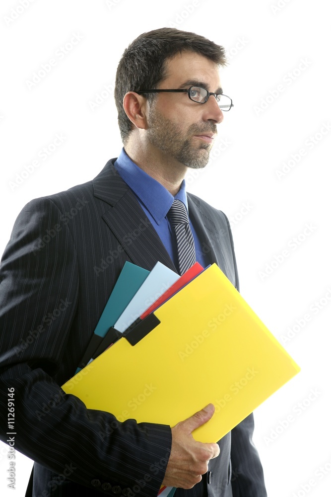 Businessman and color folders over white Businessman and color folders over white
