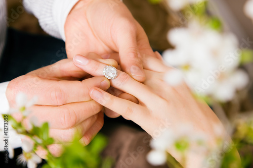 Verlobung – Mann steckt Frau den Ring an photo