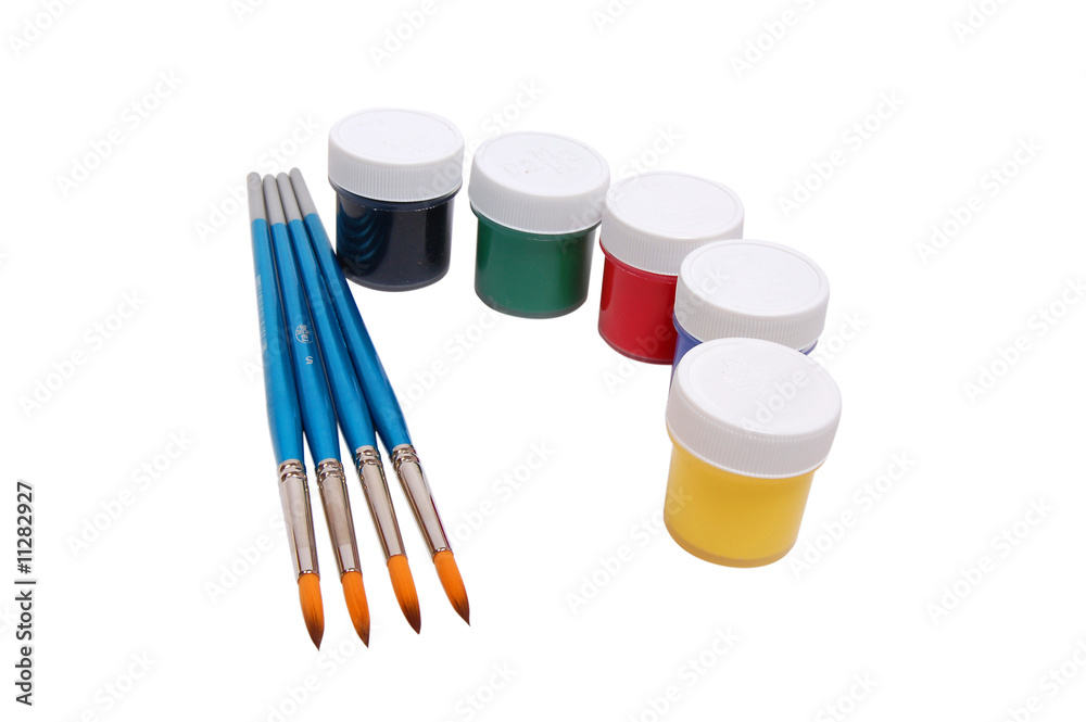 A group of colorful paint cans with paintbrush A group of colorful paint cans with paintbrush