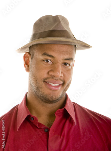 Black Man in Red Shirt Brown Hat Smile