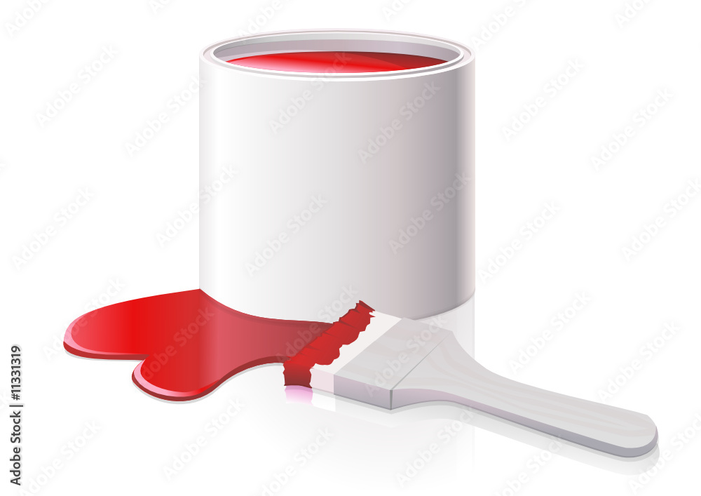 Pot de peinture rouge et son pinceau (reflet)