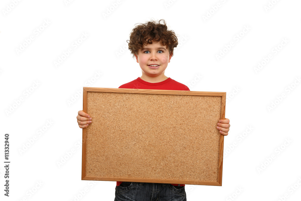 Boy holding noticeboard isolated on white background Boy holding noticeboard isolated on white background