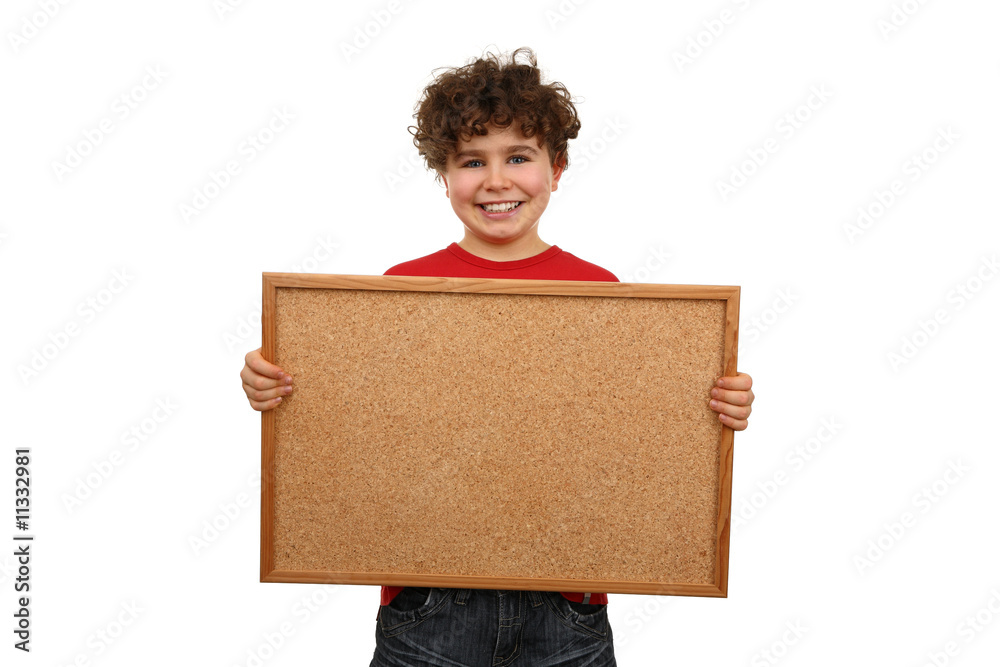 Boy holding noticeboard isolated on white background Boy holding noticeboard isolated on white background