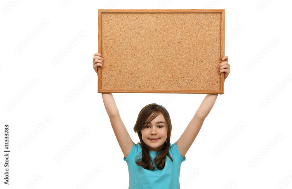 Girl holding noticeboard isolated on white background Girl holding noticeboard isolated on white background