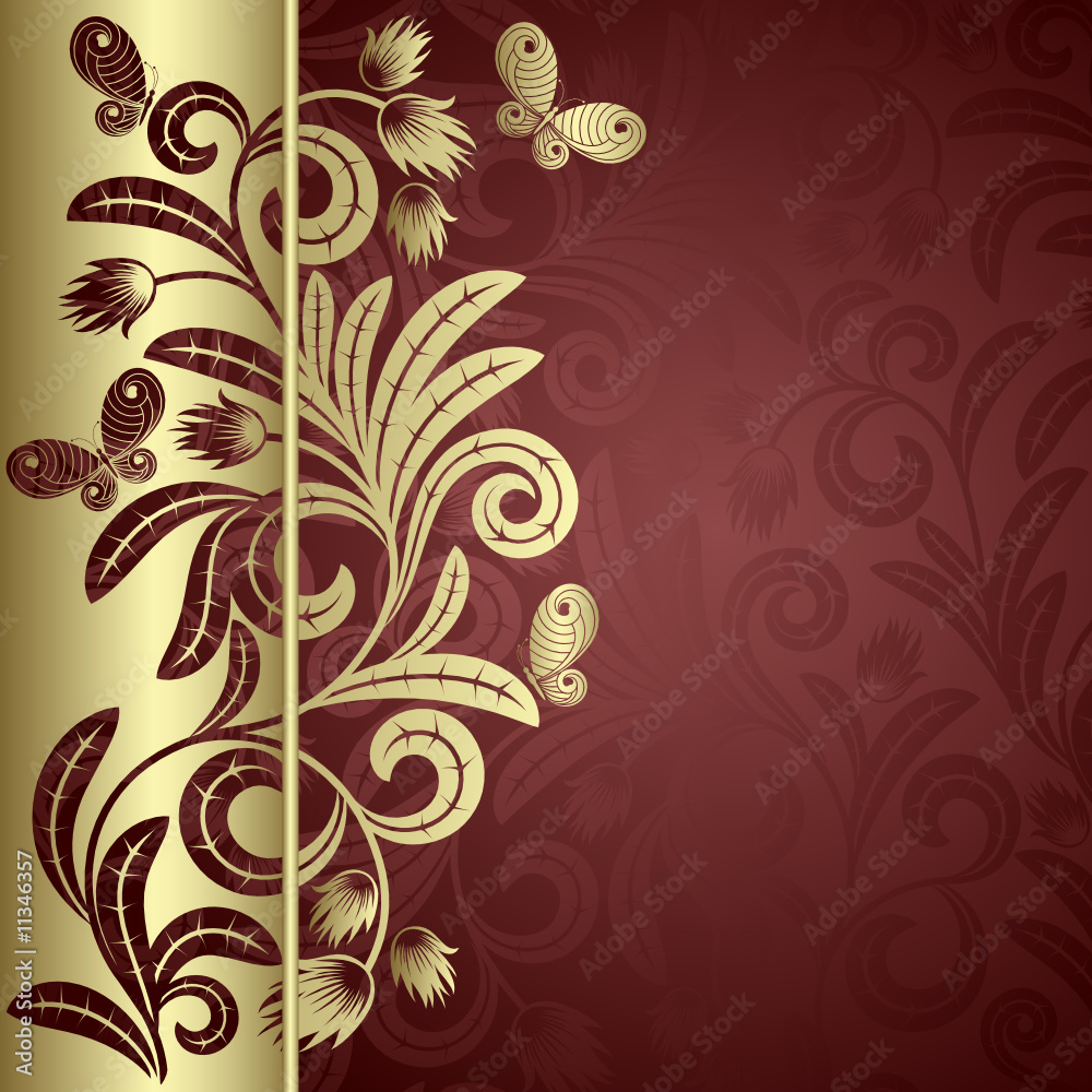 Plant wiht gold leaves and butterflies on the red background Plant wiht gold leaves and butterflies on the red background