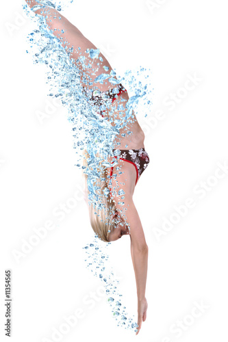 plunging woman - focus on some of the water-drops