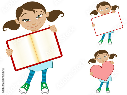 Mädchen mit Buch, Herz und Textrahmen