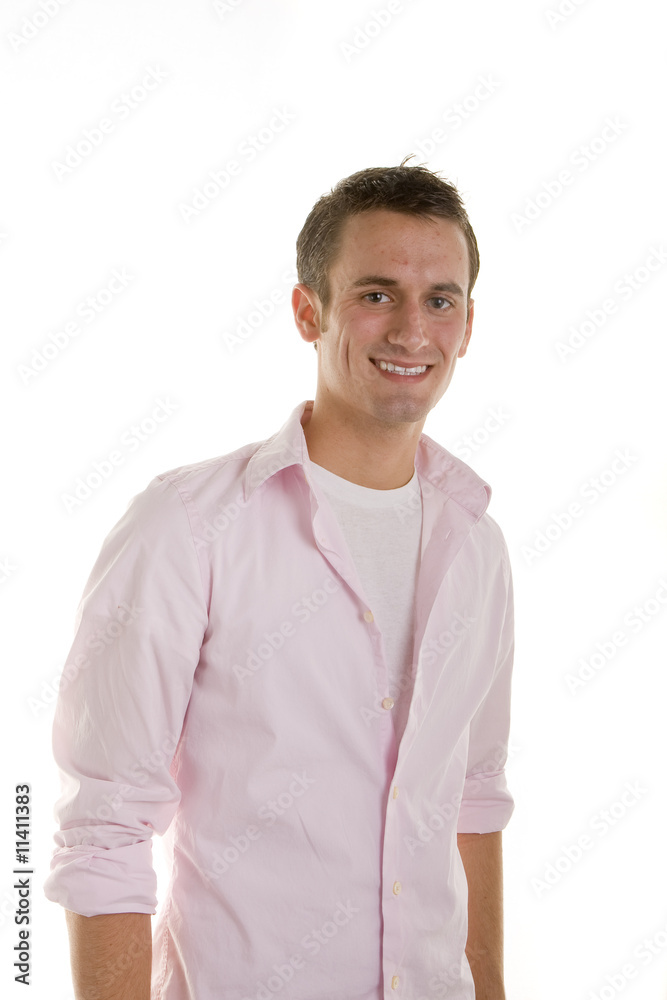 Young Man in Pink Shirt Eyes Forward Smiling Young Man in Pink Shirt Eyes Forward Smiling