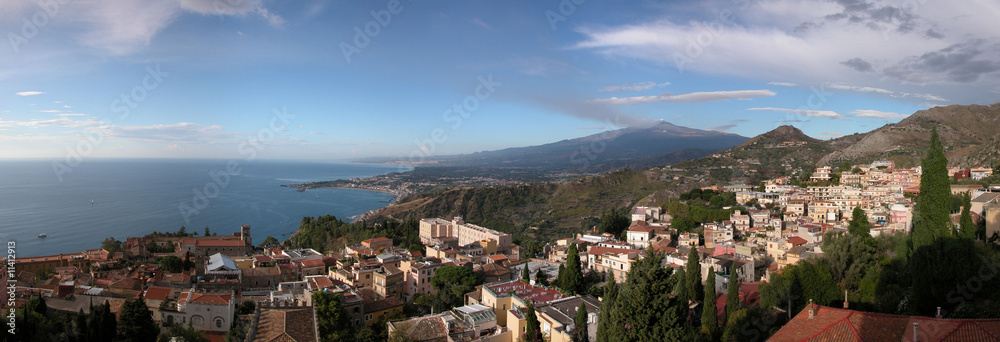 Panoramic view of Taormina with Etna