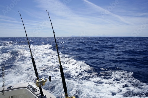 Fishing on the boat with trolling rod and reel.