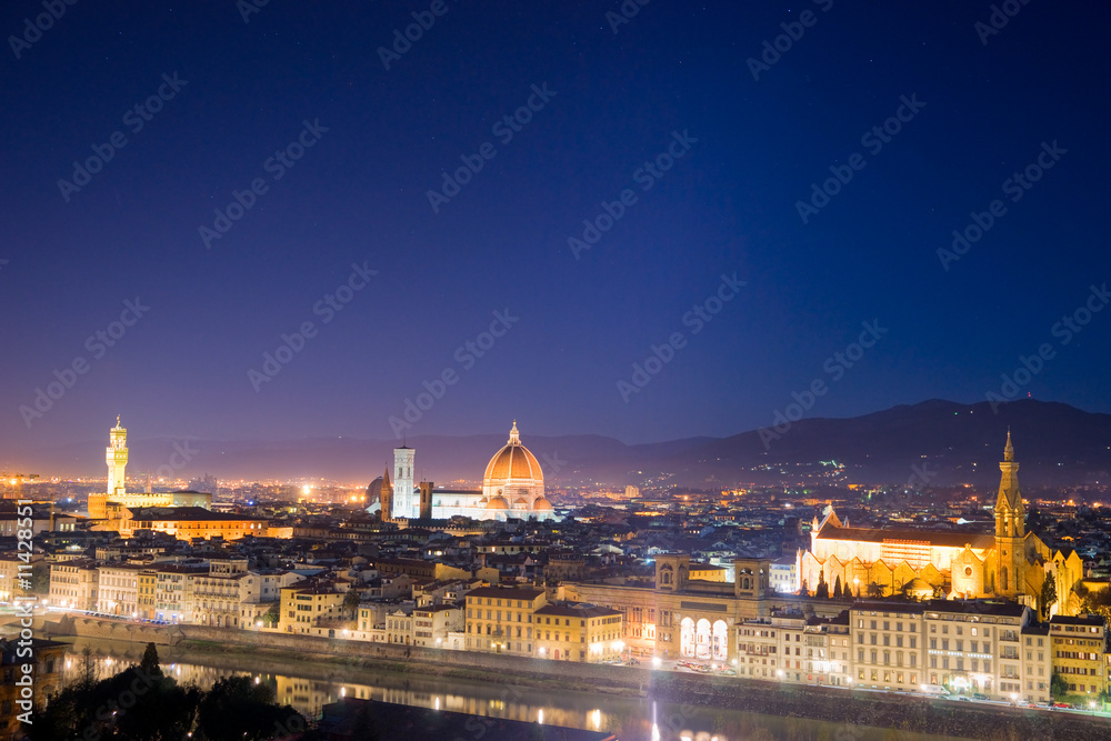 Florence, night view of Santa croce, piazza della Signoriaand Du