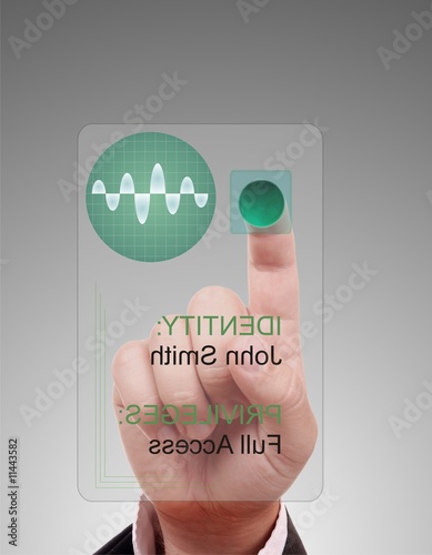 Man entering the door or secure data by touch screen