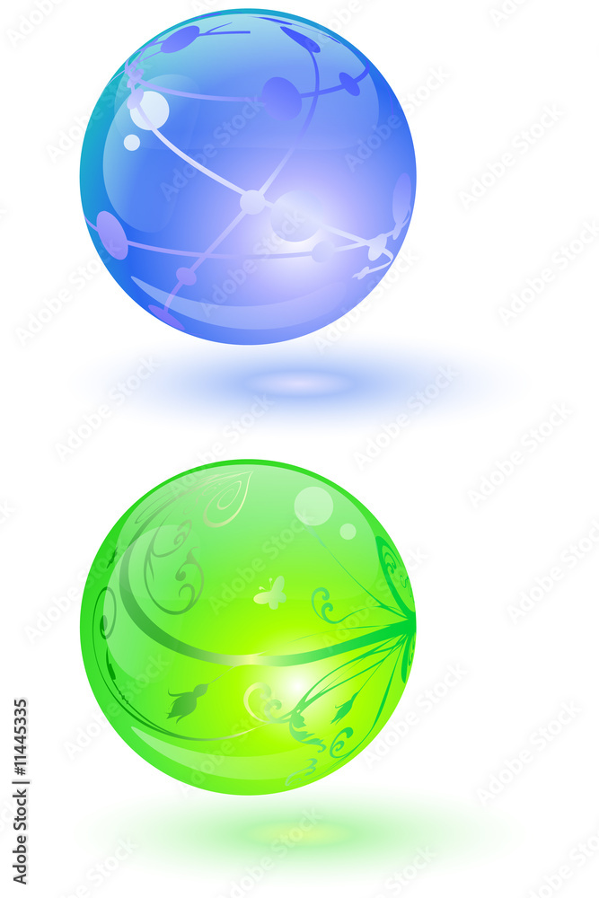 Two glowing globes with ornaments-isolated on white