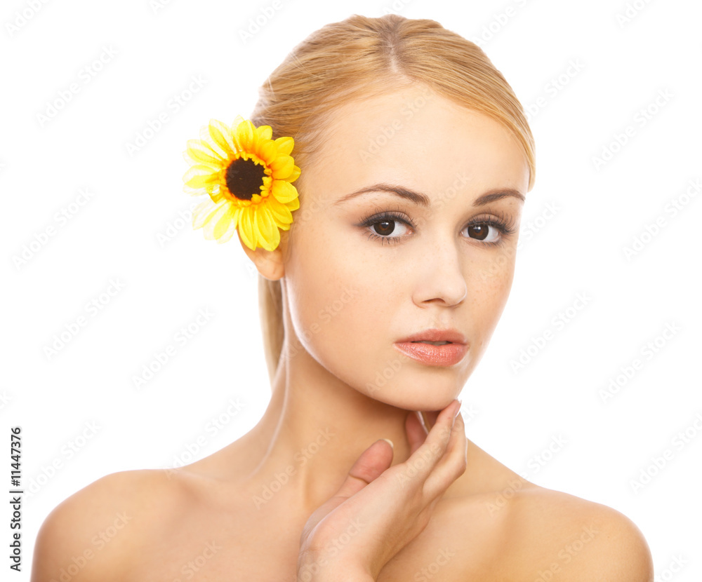 Portrait of cute blond woman,with flower in hairs Portrait of cute blond woman,with flower in hairs