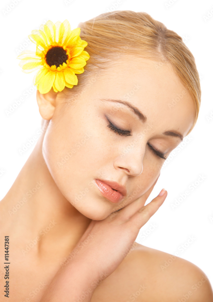 Portrait of cute blond woman,with flower in hairs Portrait of cute blond woman,with flower in hairs