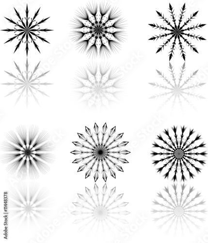 six snowflakes with reflection