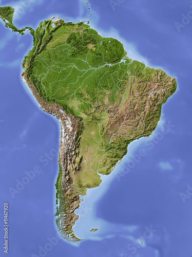 South America, shaded relief map, colored for vegetation