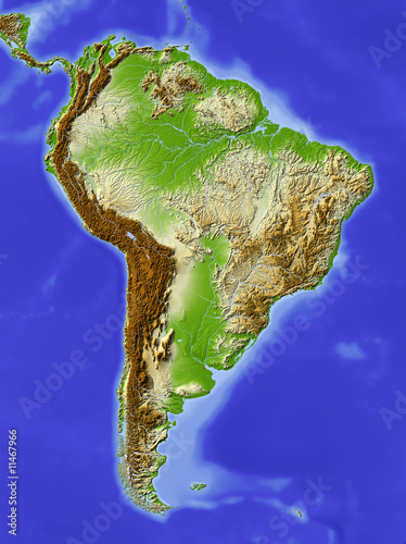 South America, shaded relief map, colored for elevation