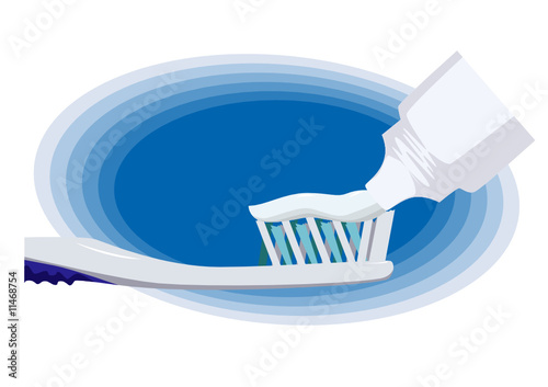 Tooth brushing on blue background.