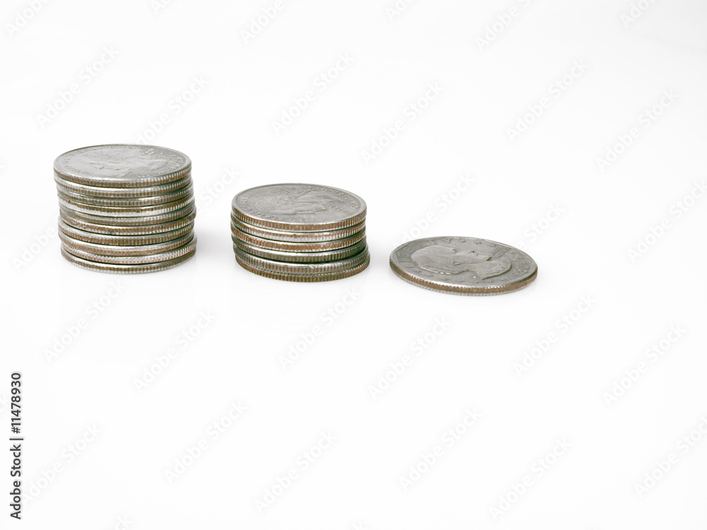 Three bars with coins on a white background, finance and money Three bars with coins on a white background, finance and money