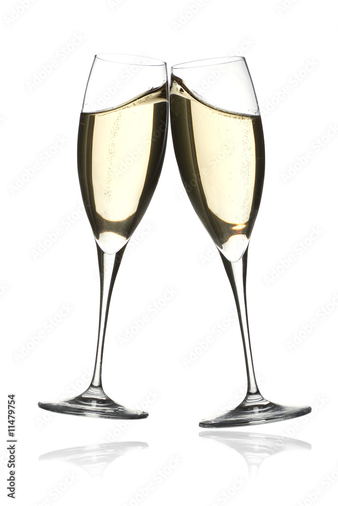 Toast whith two glasses of champagne, against a white background Toast whith two glasses of champagne, against a white background