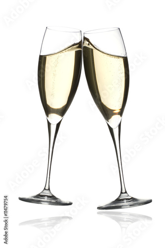 Toast whith two glasses of champagne, against a white background