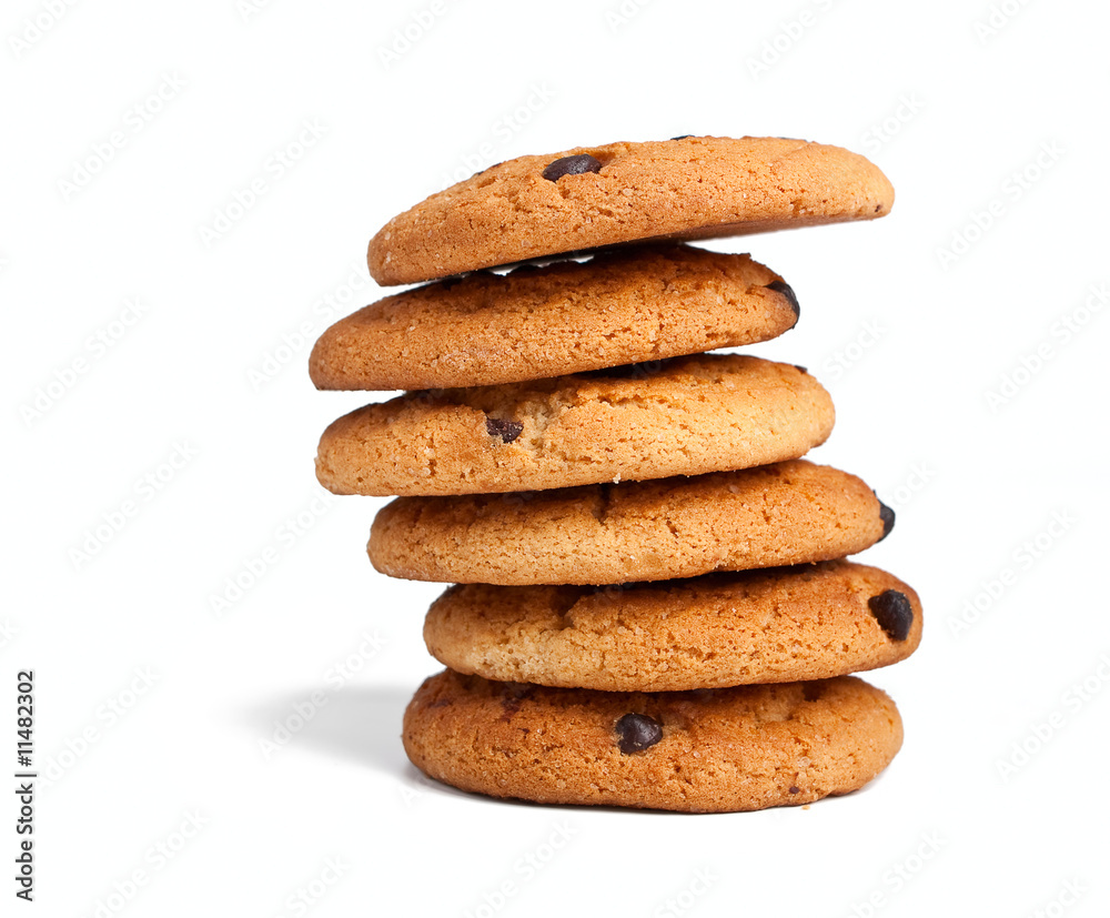 a stack of six chocolate chip cookies isolated on white a stack of six chocolate chip cookies isolated on white