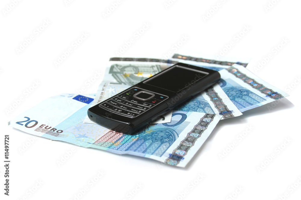 Mobile phone and euro money isolated on white background Mobile phone and euro money isolated on white background