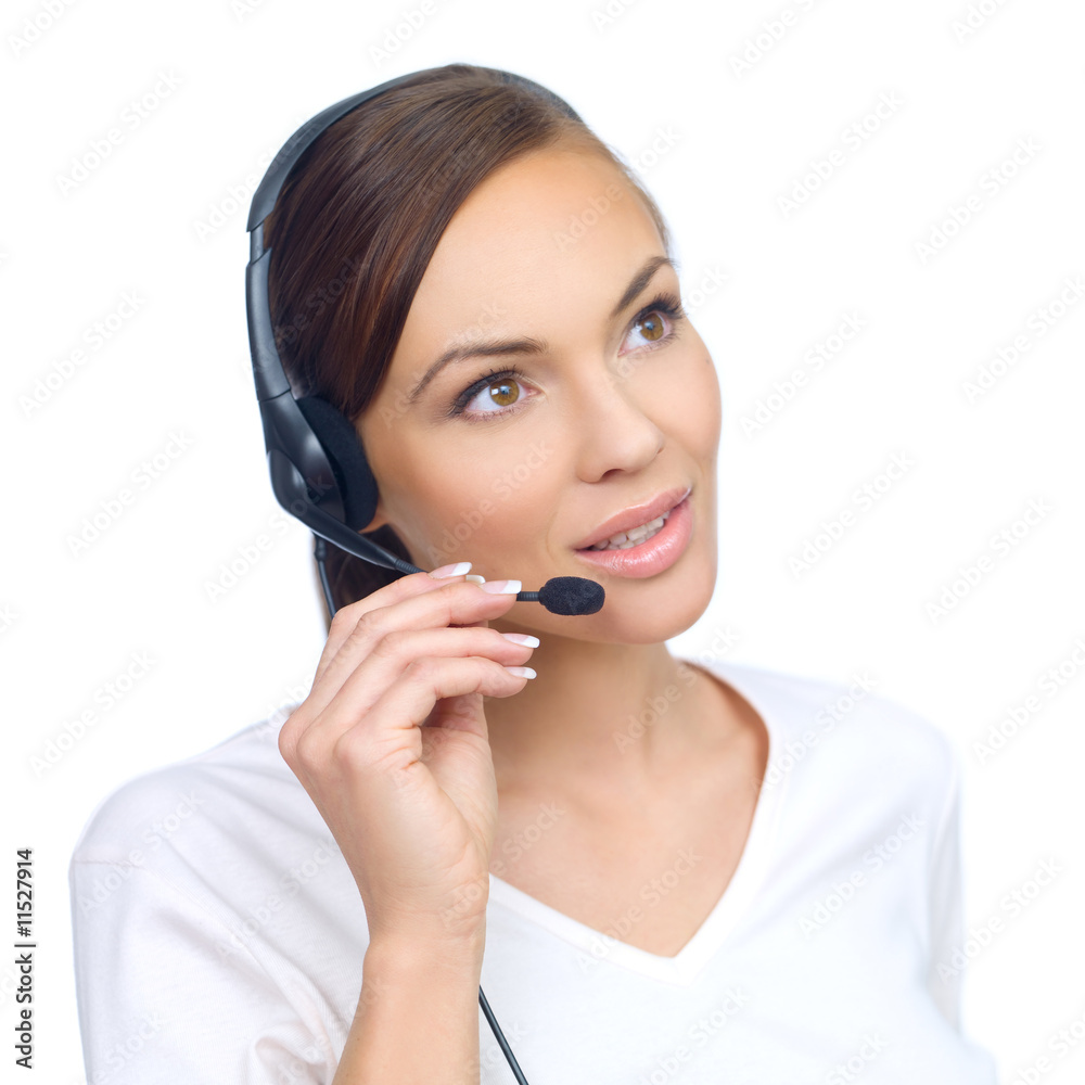 Beautiful girl is using headset, isolated on white Beautiful girl is using headset, isolated on white
